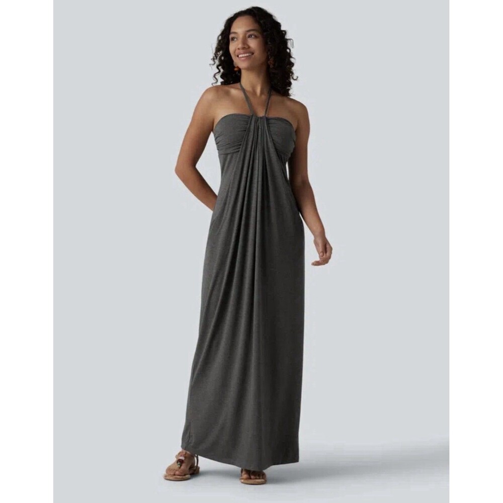 NWT Halara Halter Tie Back Built In Bra Gray Maxi Dress With Pockets Size L